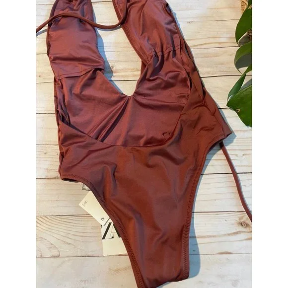 Zara Cut Halter Swimsuit Mocha Brown Sz S - Picture 5 of 5